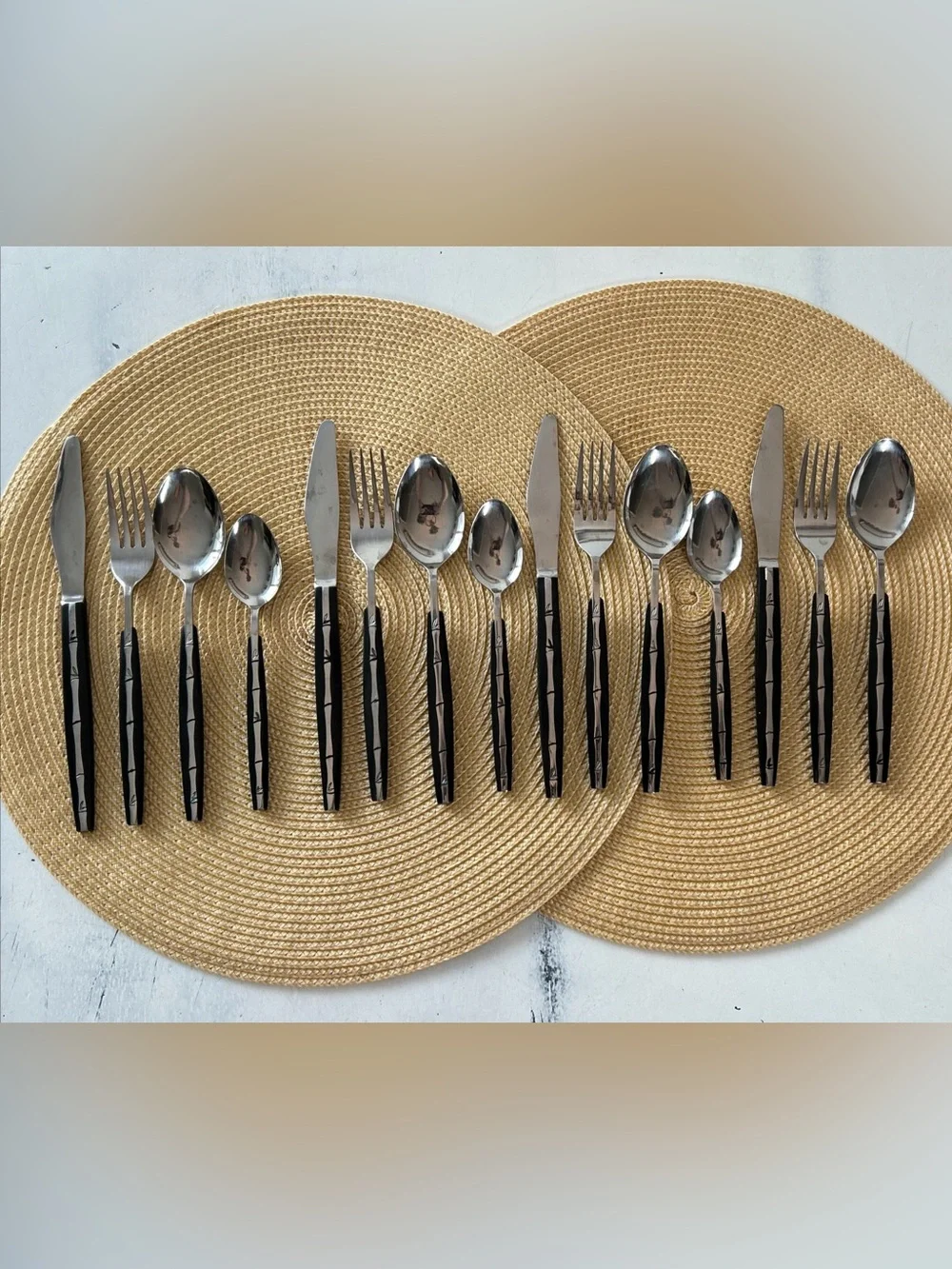 VTG Lifetime Cutlery Japan 15 pc Bamboo Inset Black Handle 7Spoons4Knives4Forks
